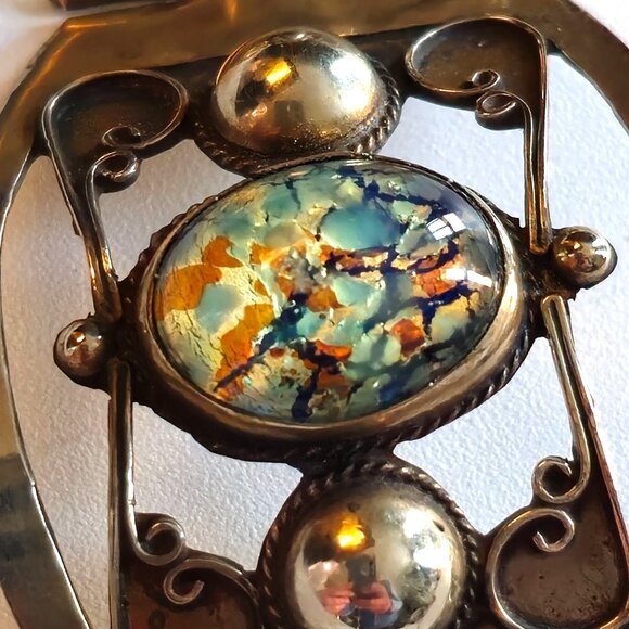 Eagle Head Taxco Sterling Silver Confetti Opal Foil Glass Hinged Panel Bracelet - Picture 13 of 13